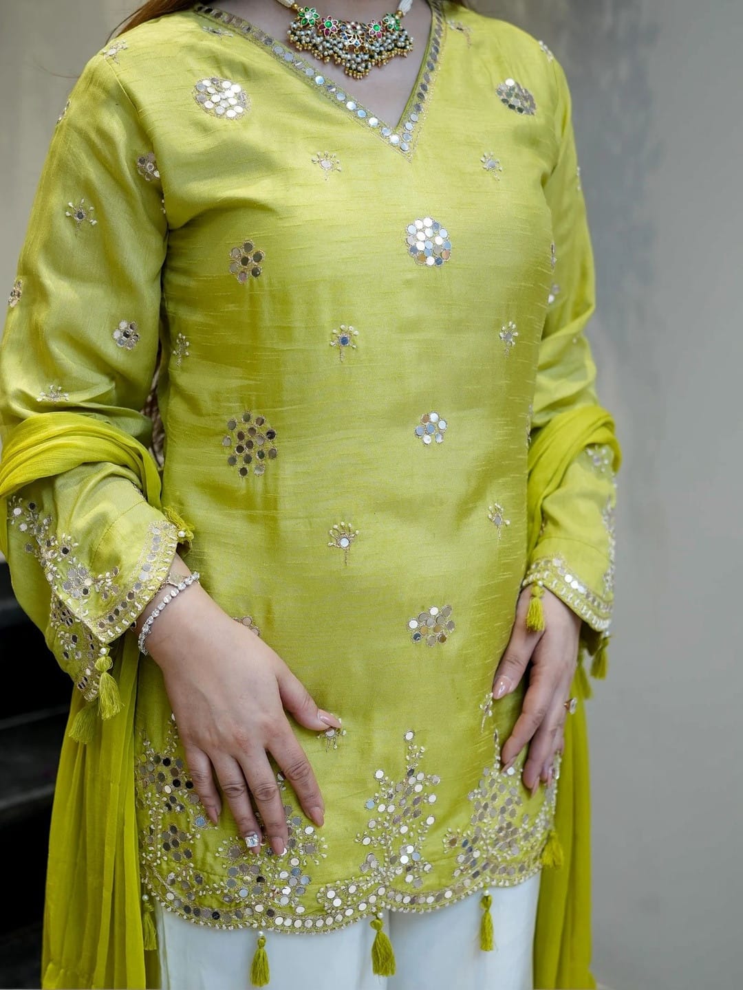 Lime Green Embroidered Festive Peplum Sharara with Dupatta