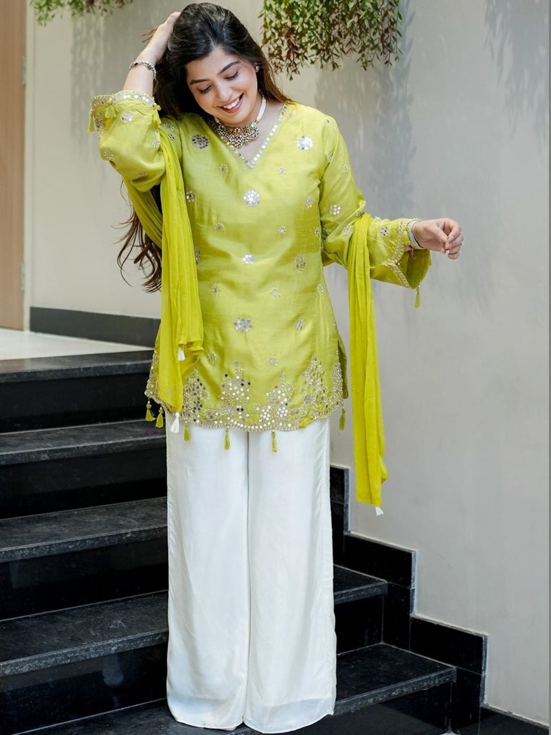 Lime Green Embroidered Festive Peplum Sharara with Dupatta