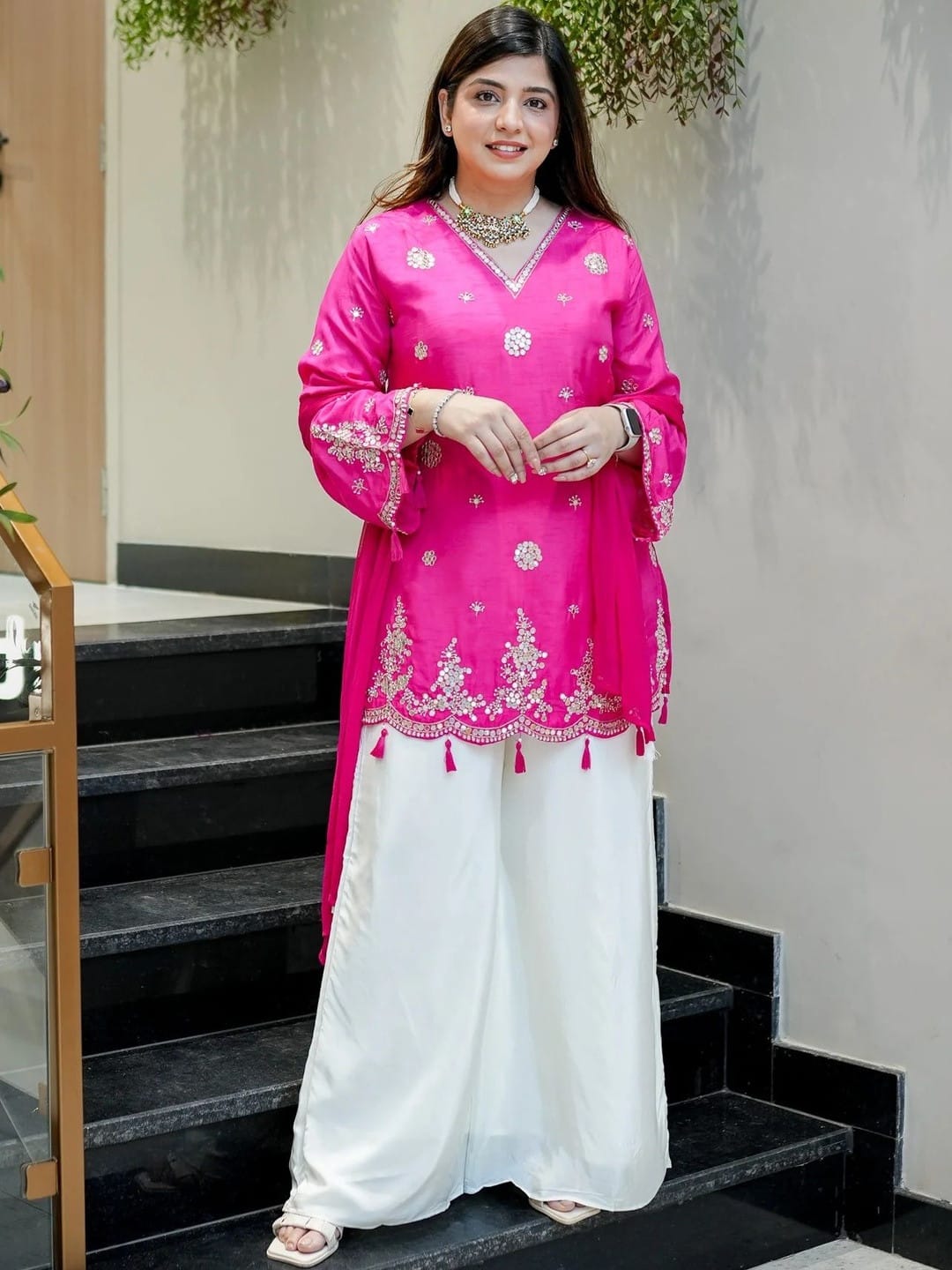 Pink Silk Embroidered Festive Peplum Sharara with Dupatta