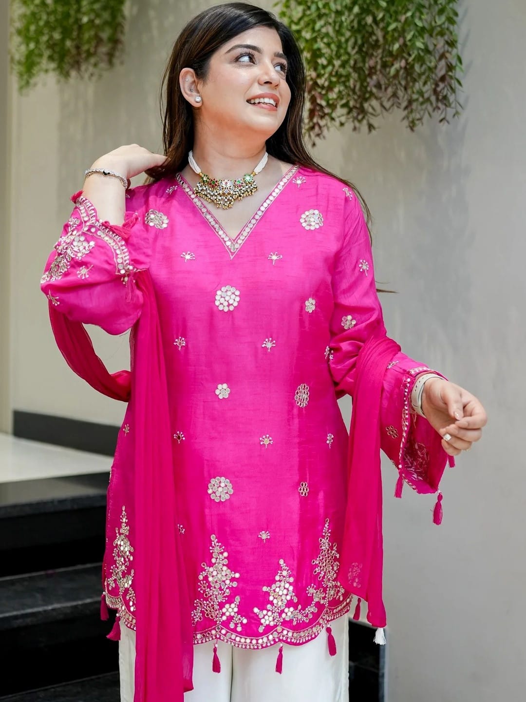 Pink Silk Embroidered Festive Peplum Sharara with Dupatta