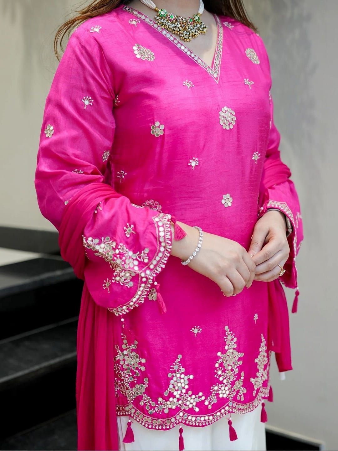 Pink Silk Embroidered Festive Peplum Sharara with Dupatta