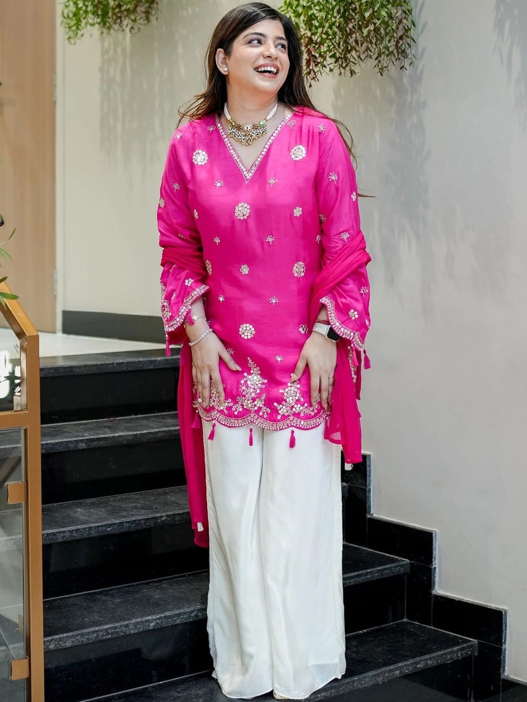 Pink Silk Embroidered Festive Peplum Sharara with Dupatta