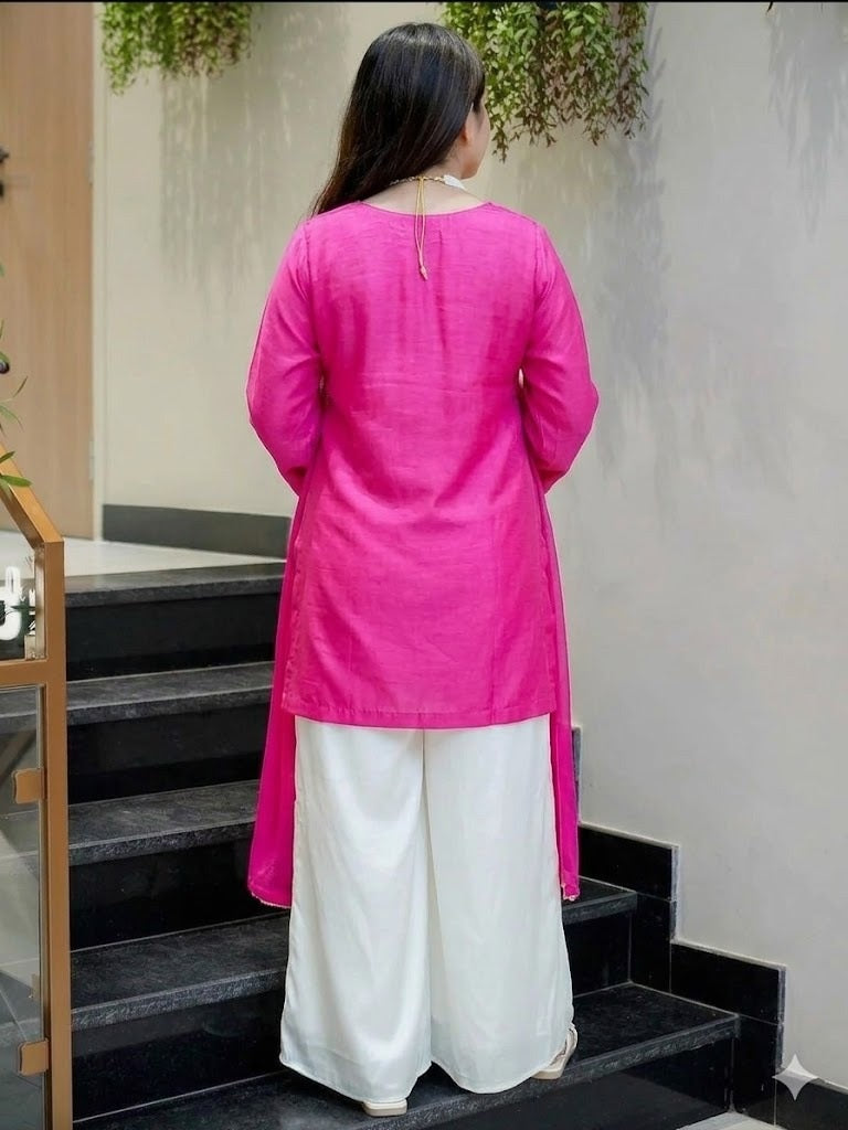 Pink Silk Embroidered Festive Peplum Sharara with Dupatta