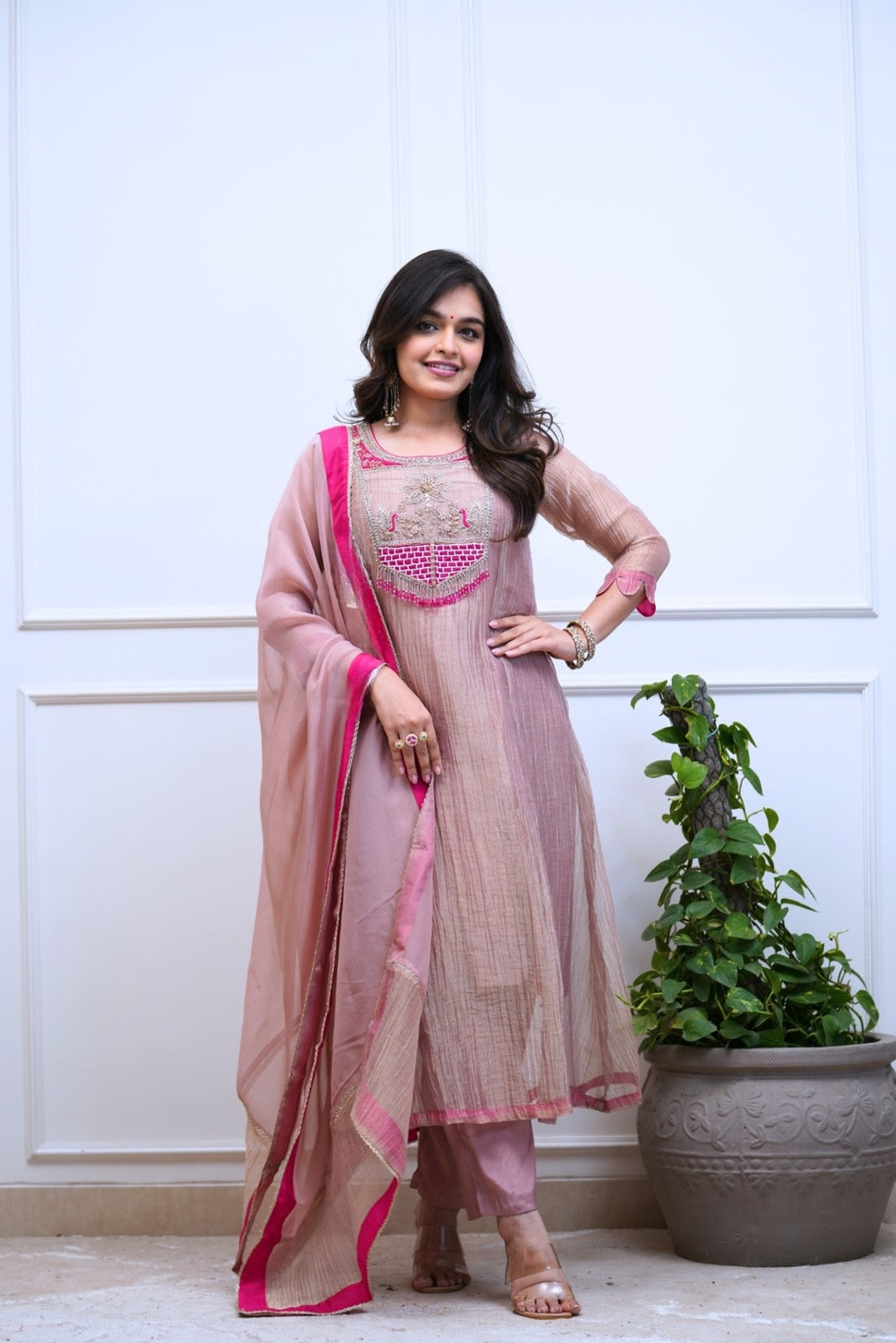Women’s Lilac Pink Traditional Anarkali Set with Embroidered Kurta, Pants & Dupatta