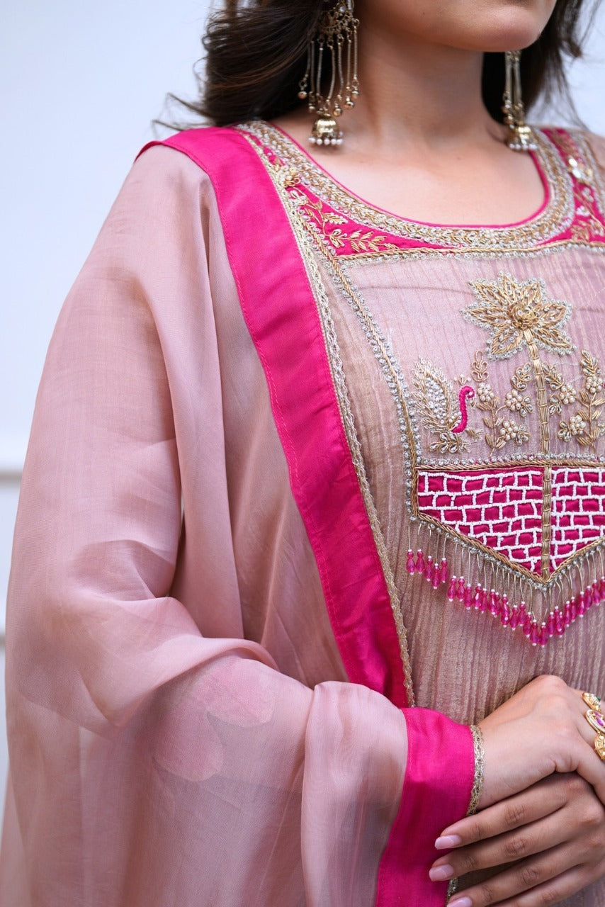 Women’s Lilac Pink Traditional Anarkali Set with Embroidered Kurta, Pants & Dupatta