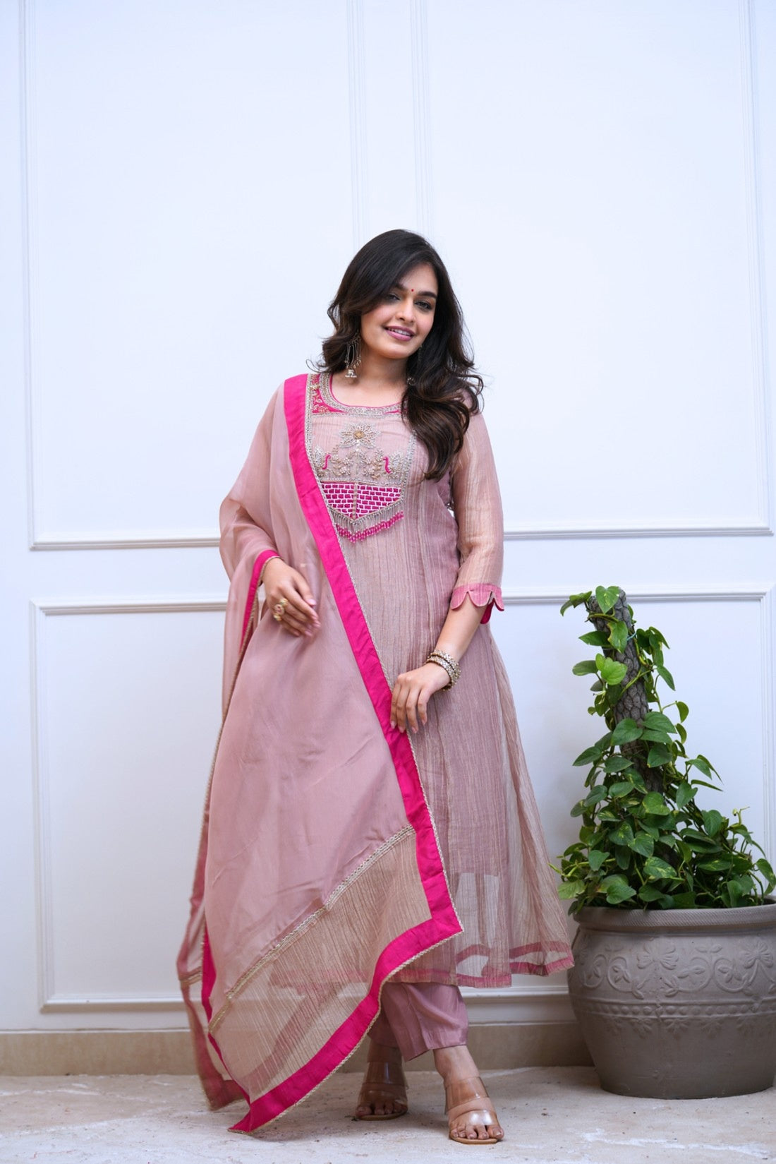 Women’s Lilac Pink Traditional Anarkali Set with Embroidered Kurta, Pants & Dupatta