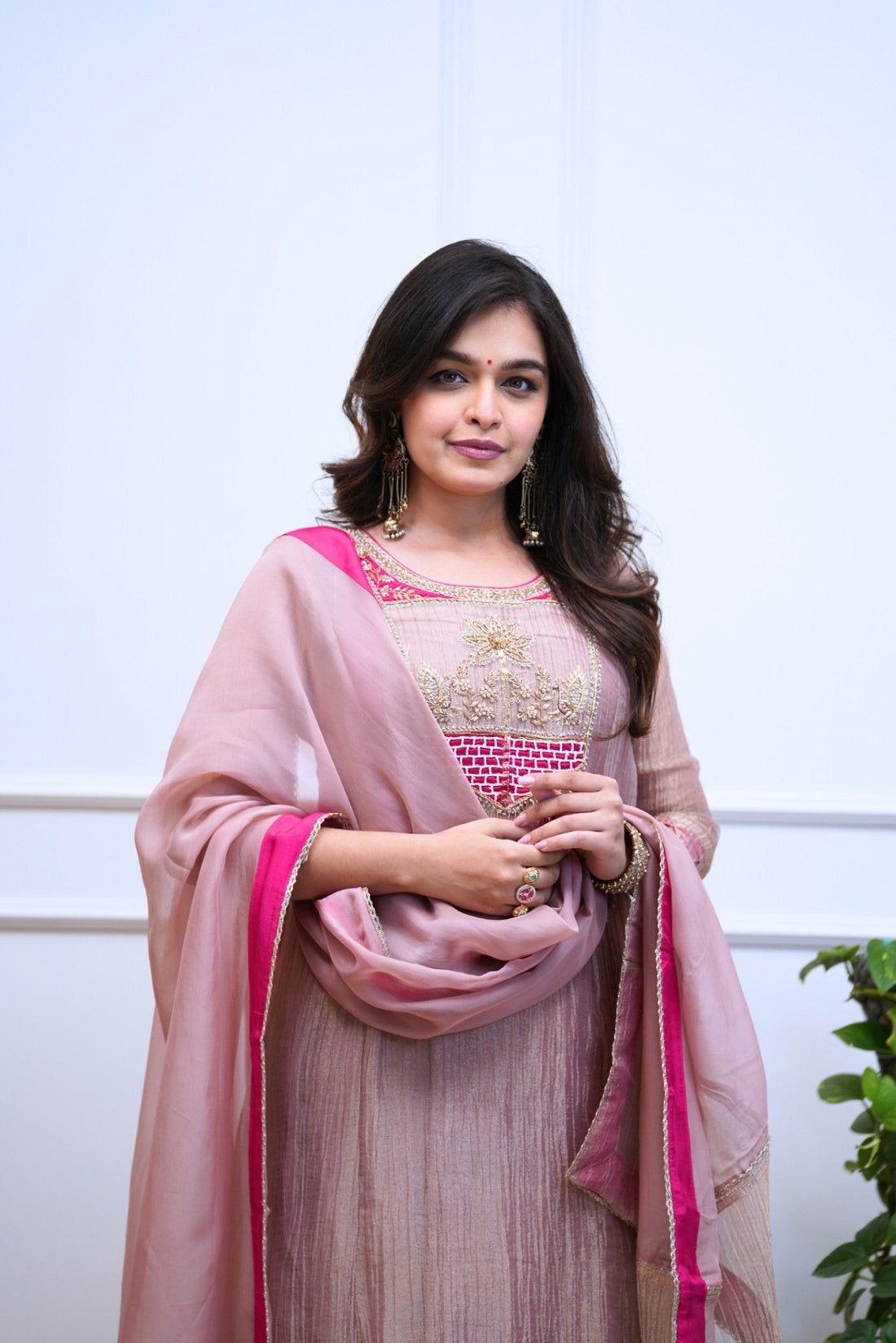 Women’s Lilac Pink Traditional Anarkali Set with Embroidered Kurta, Pants & Dupatta