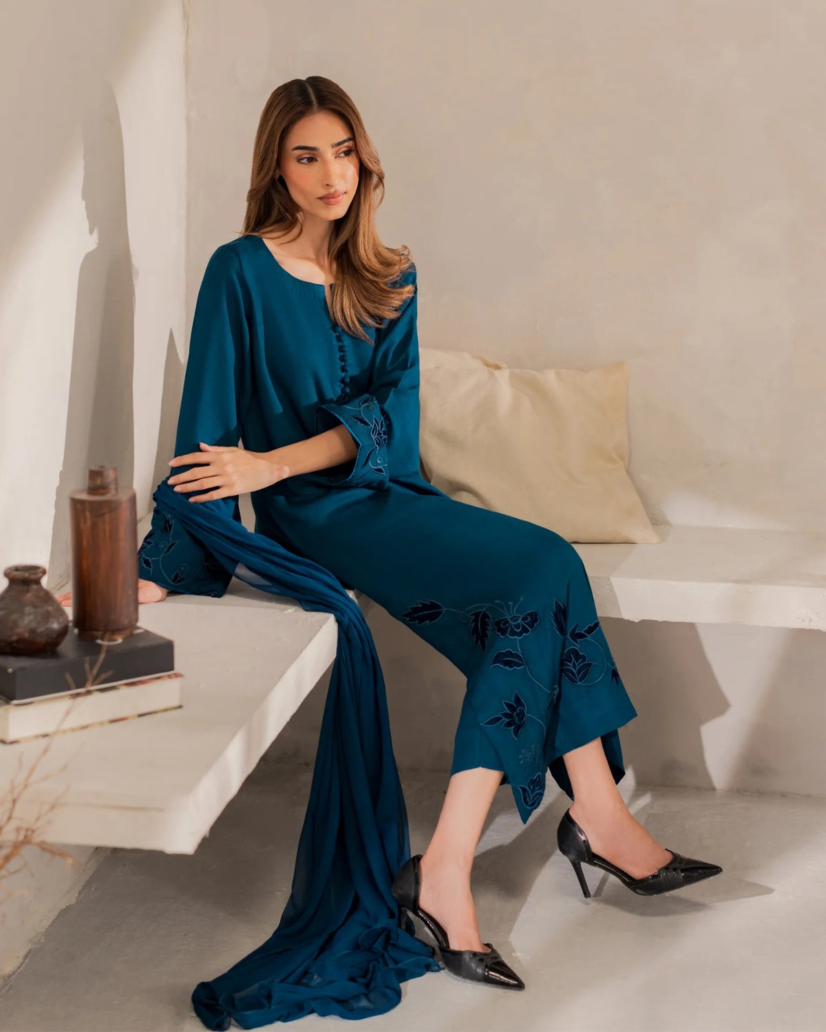 Rama Green Embroidered Straight Kurta Suit Set for Women