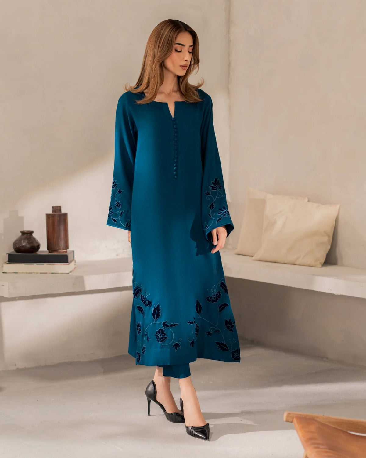 Rama Green Embroidered Straight Kurta Suit Set for Women