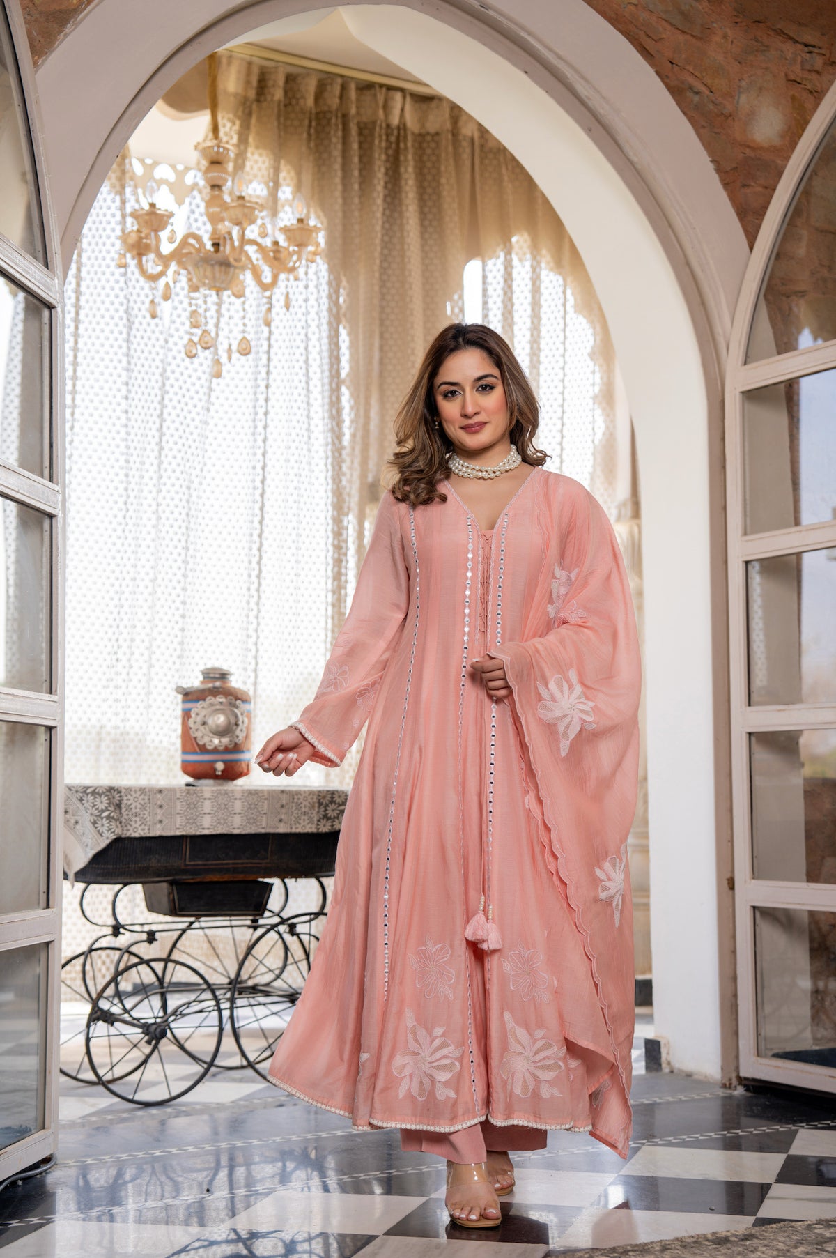 Metry Peach Silk Anarkali Kurta Set with Dupatta for Women