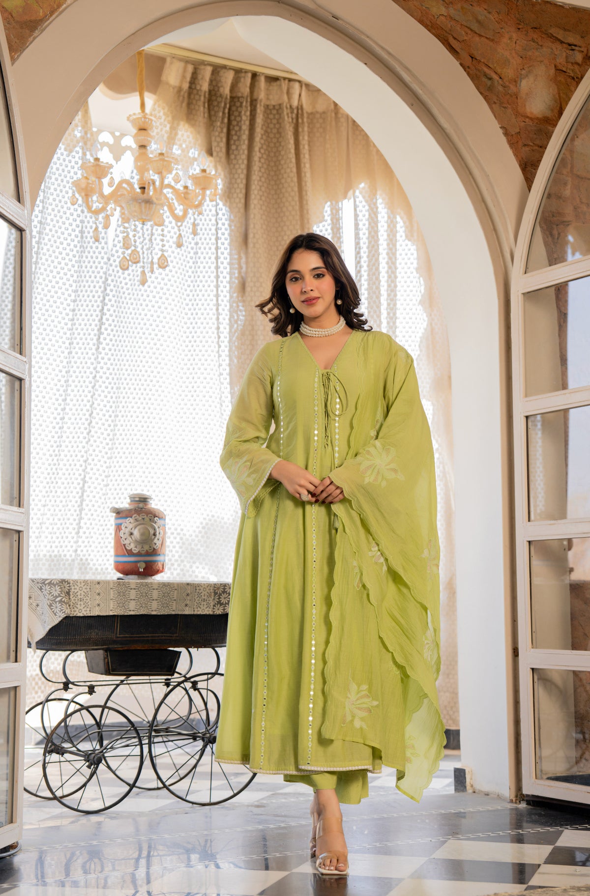 Metry Mint Green Silk Anarkali Kurta Set with Dupatta for Women