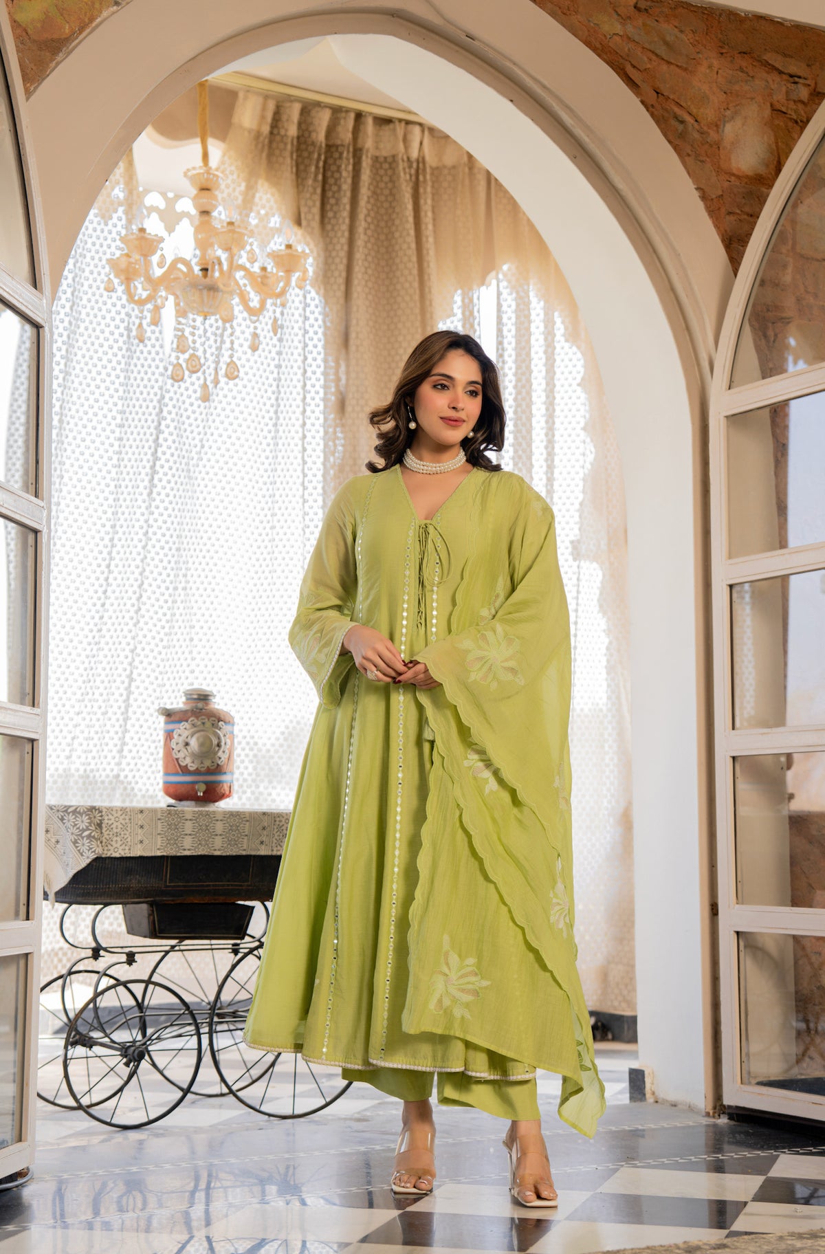 Metry Mint Green Silk Anarkali Kurta Set with Dupatta for Women