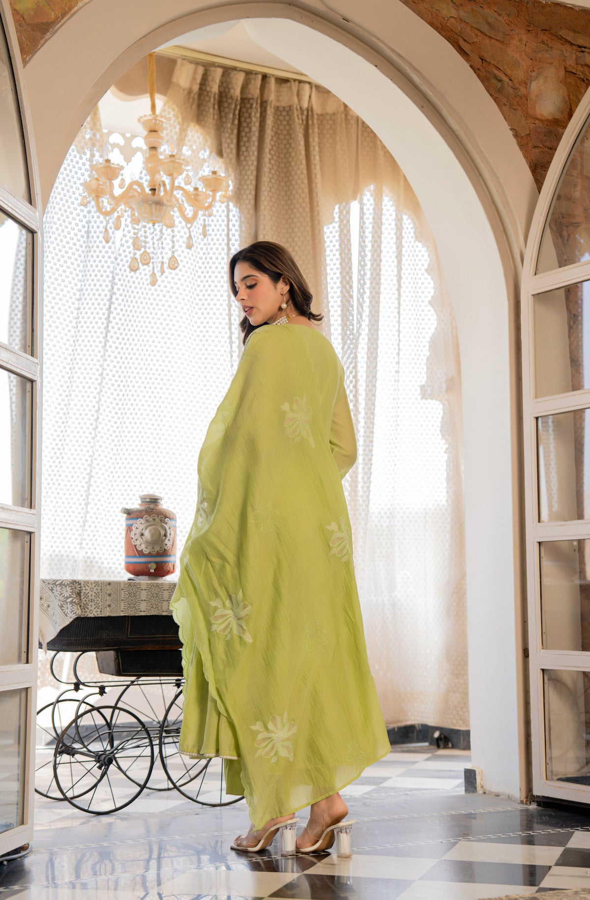 Metry Mint Green Silk Anarkali Kurta Set with Dupatta for Women