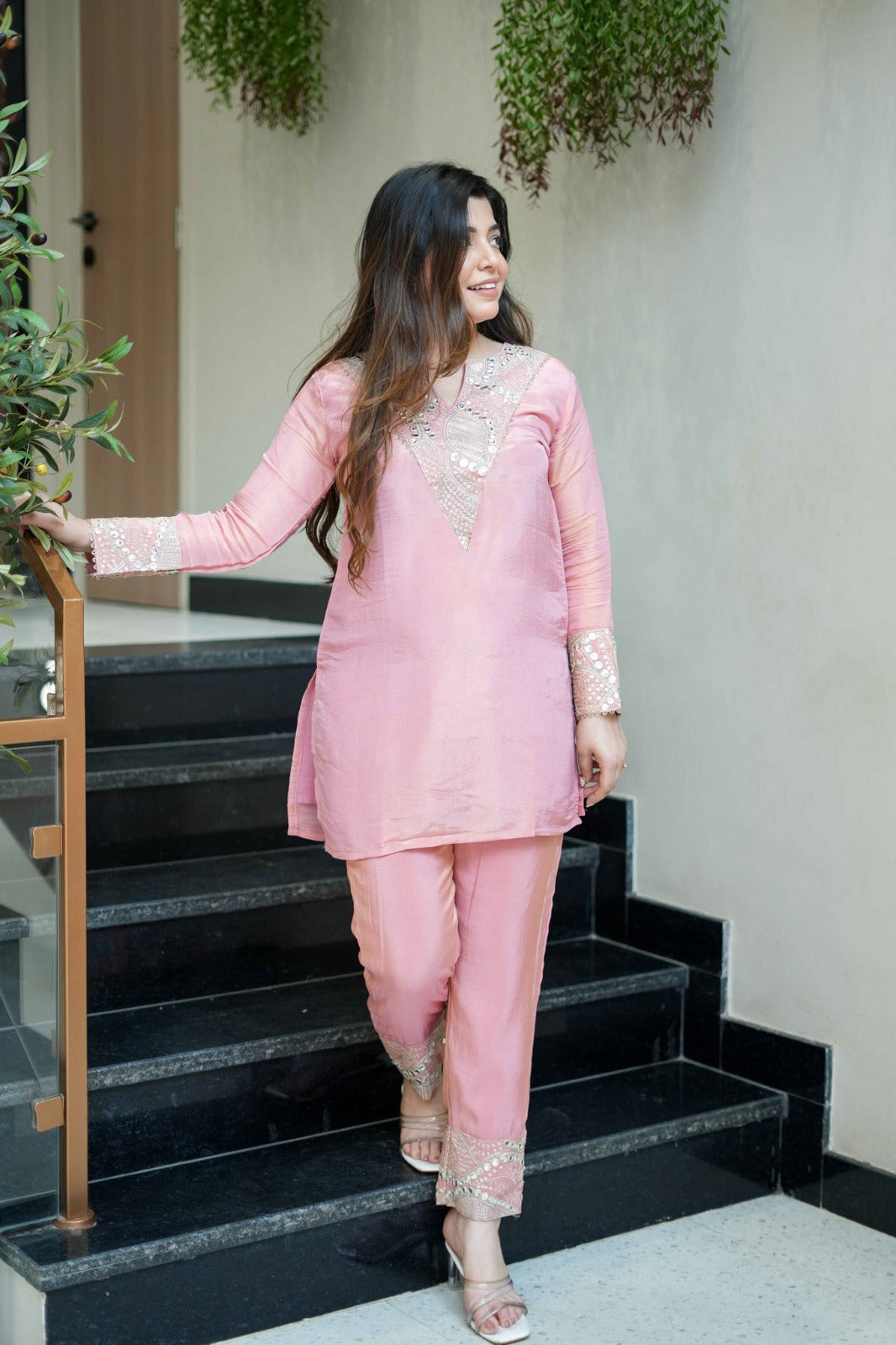Pink Embroidered Short Kurta Suit Set for Women