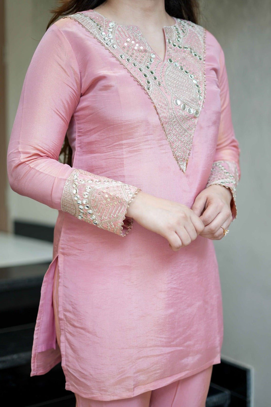 Pink Embroidered Short Kurta Suit Set for Women