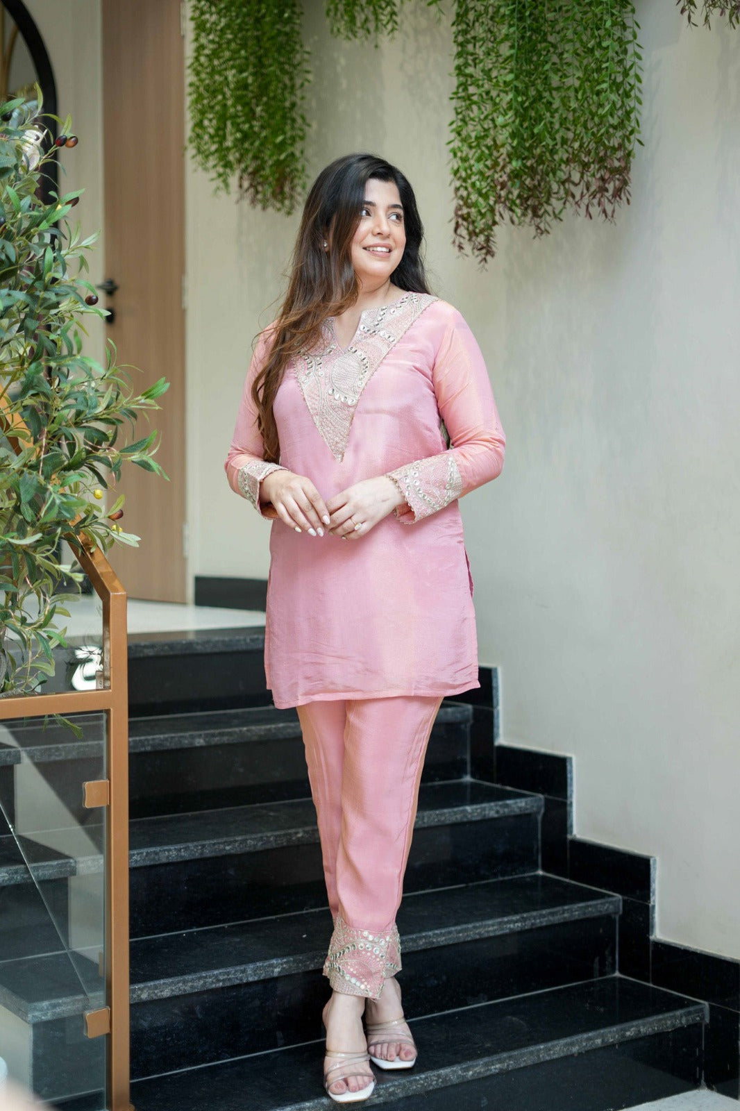 Pink Embroidered Short Kurta Suit Set for Women