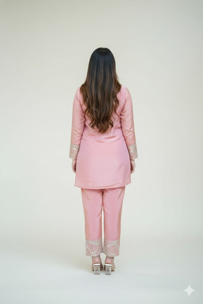 Pink Embroidered Short Kurta Suit Set for Women