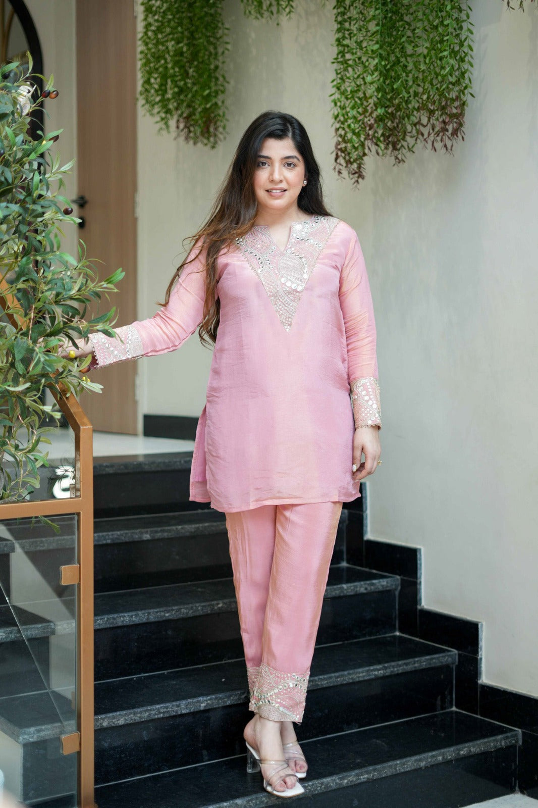 Pink Embroidered Short Kurta Suit Set for Women