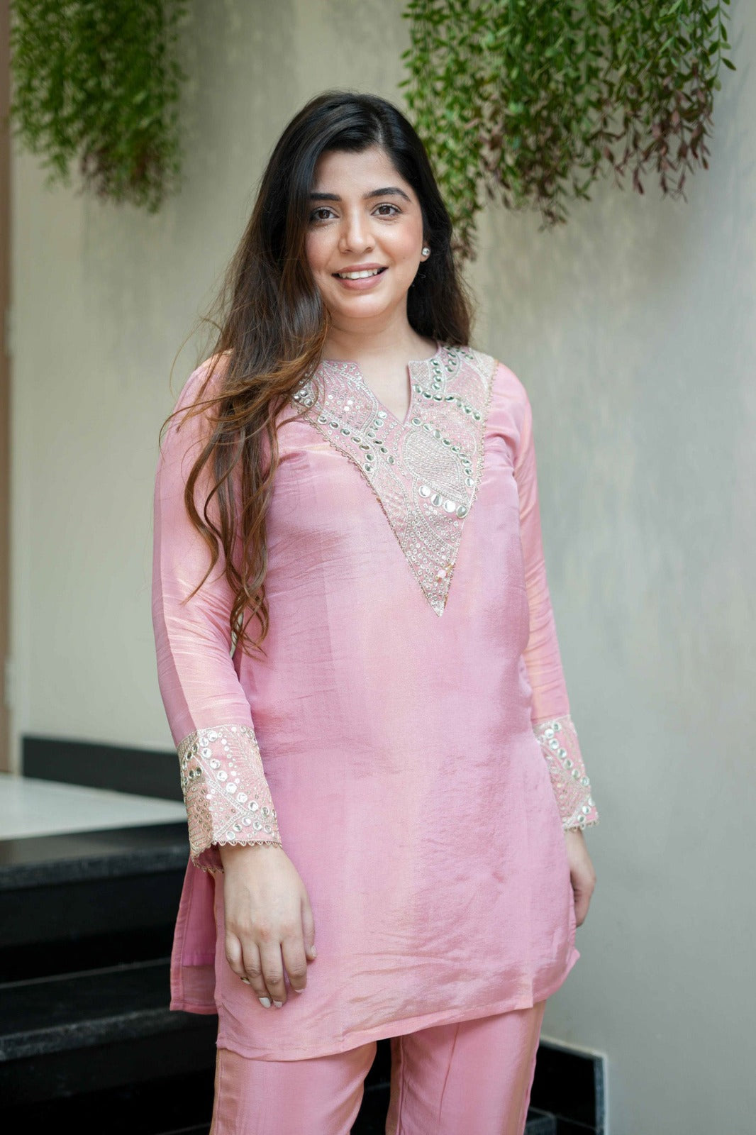 Pink Embroidered Short Kurta Suit Set for Women