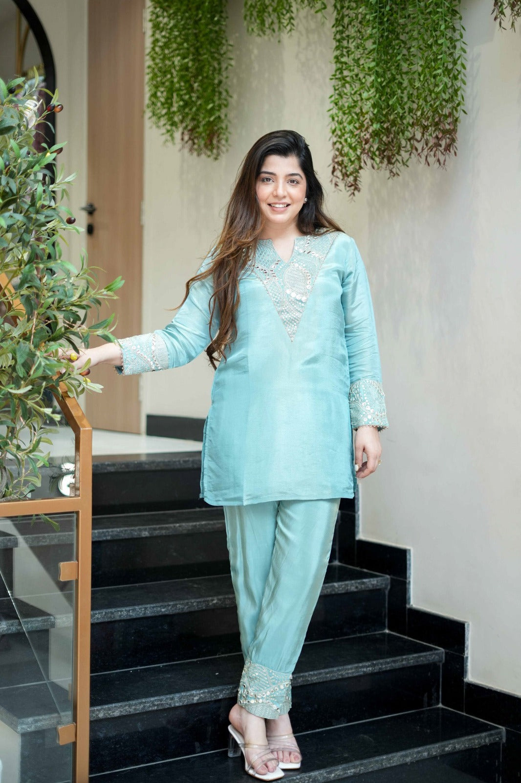 sky blue Embroidered Short Kurta Suit Set for Women