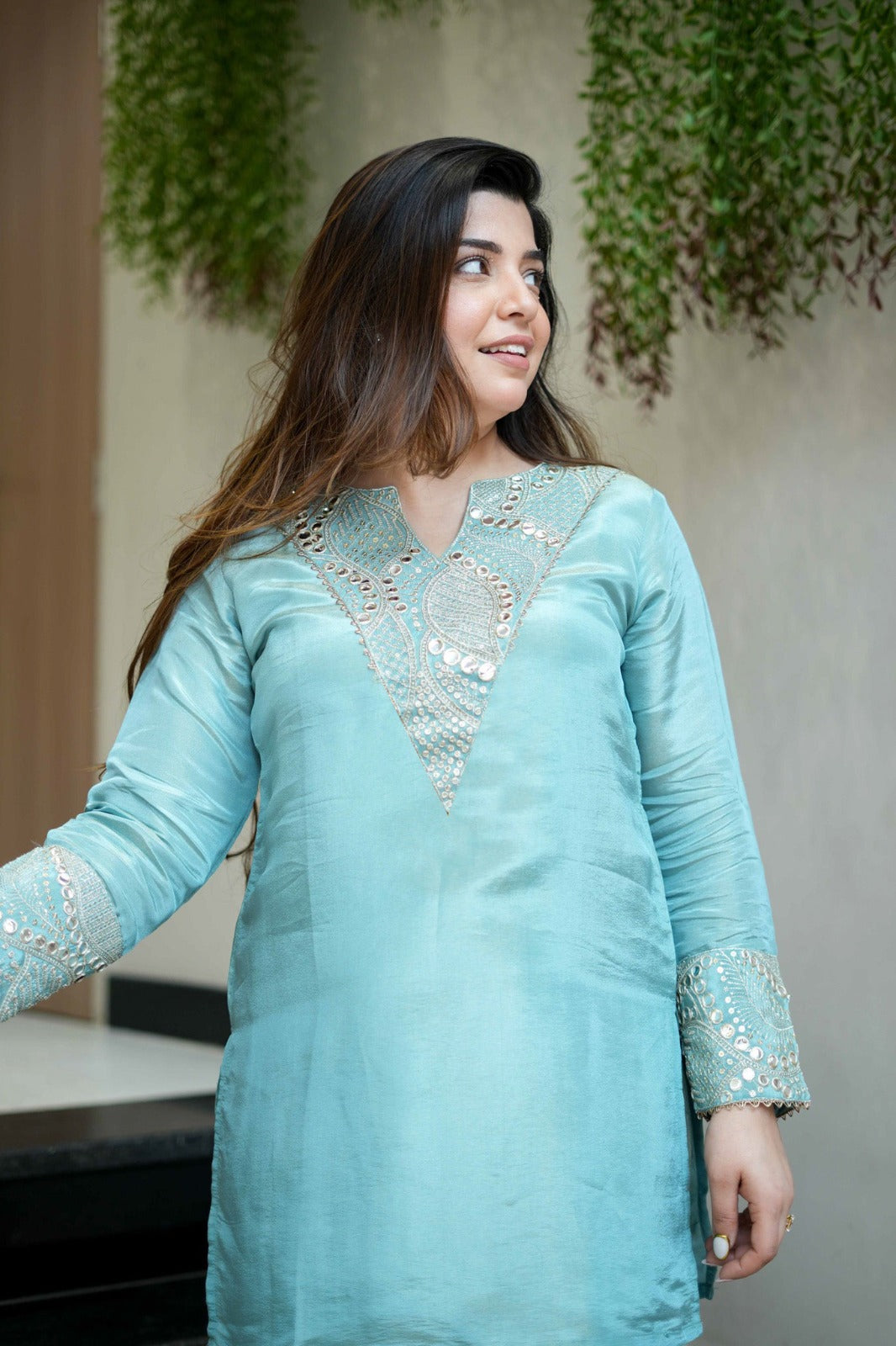 sky blue Embroidered Short Kurta Suit Set for Women