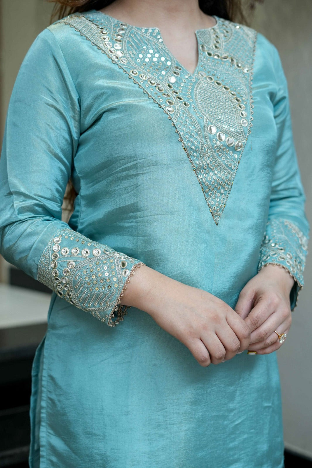 sky blue Embroidered Short Kurta Suit Set for Women