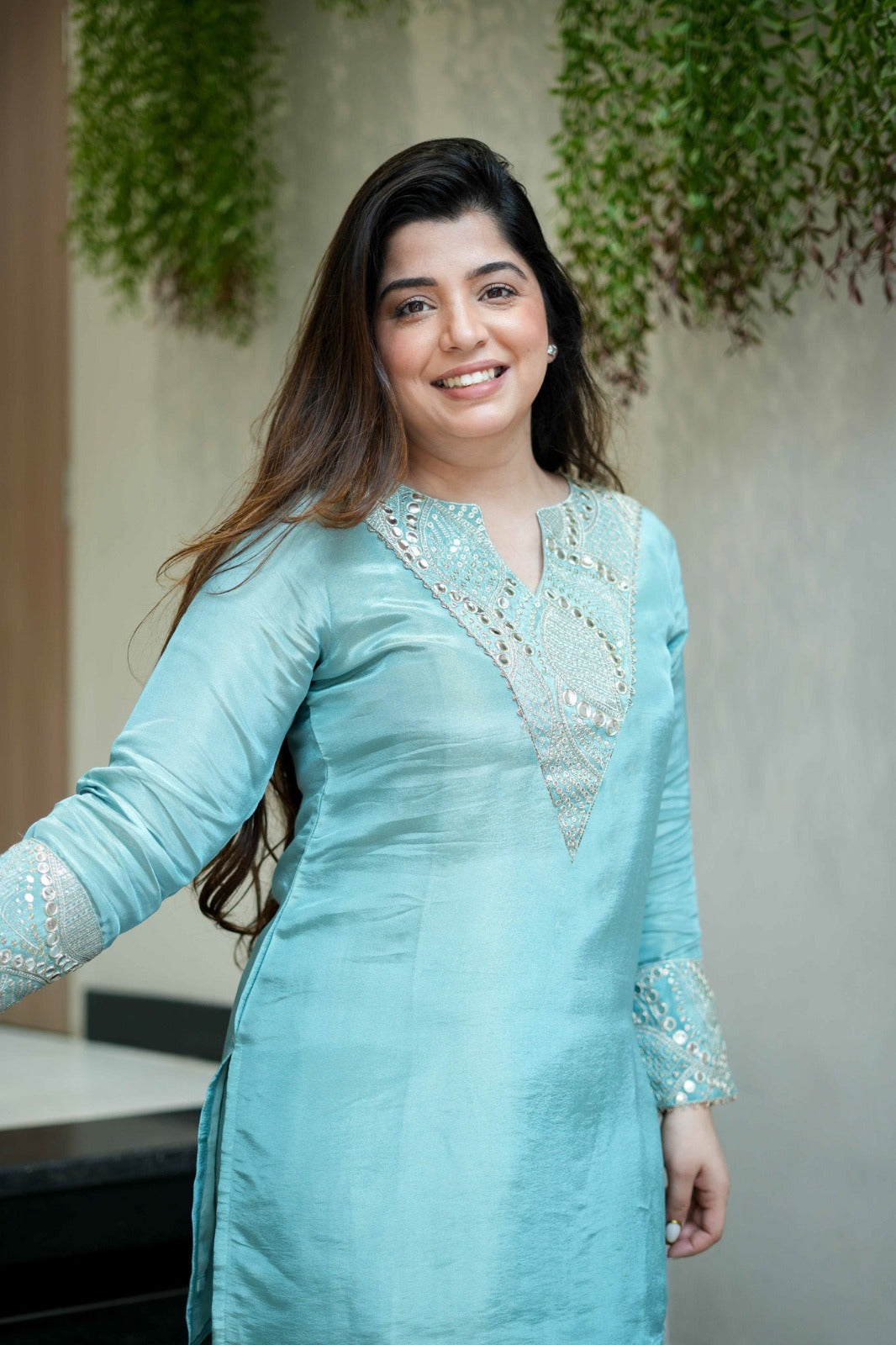 sky blue Embroidered Short Kurta Suit Set for Women