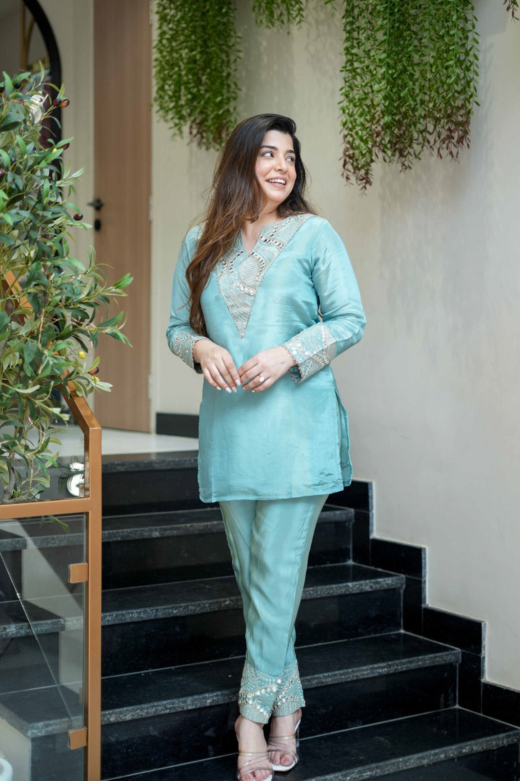 sky blue Embroidered Short Kurta Suit Set for Women