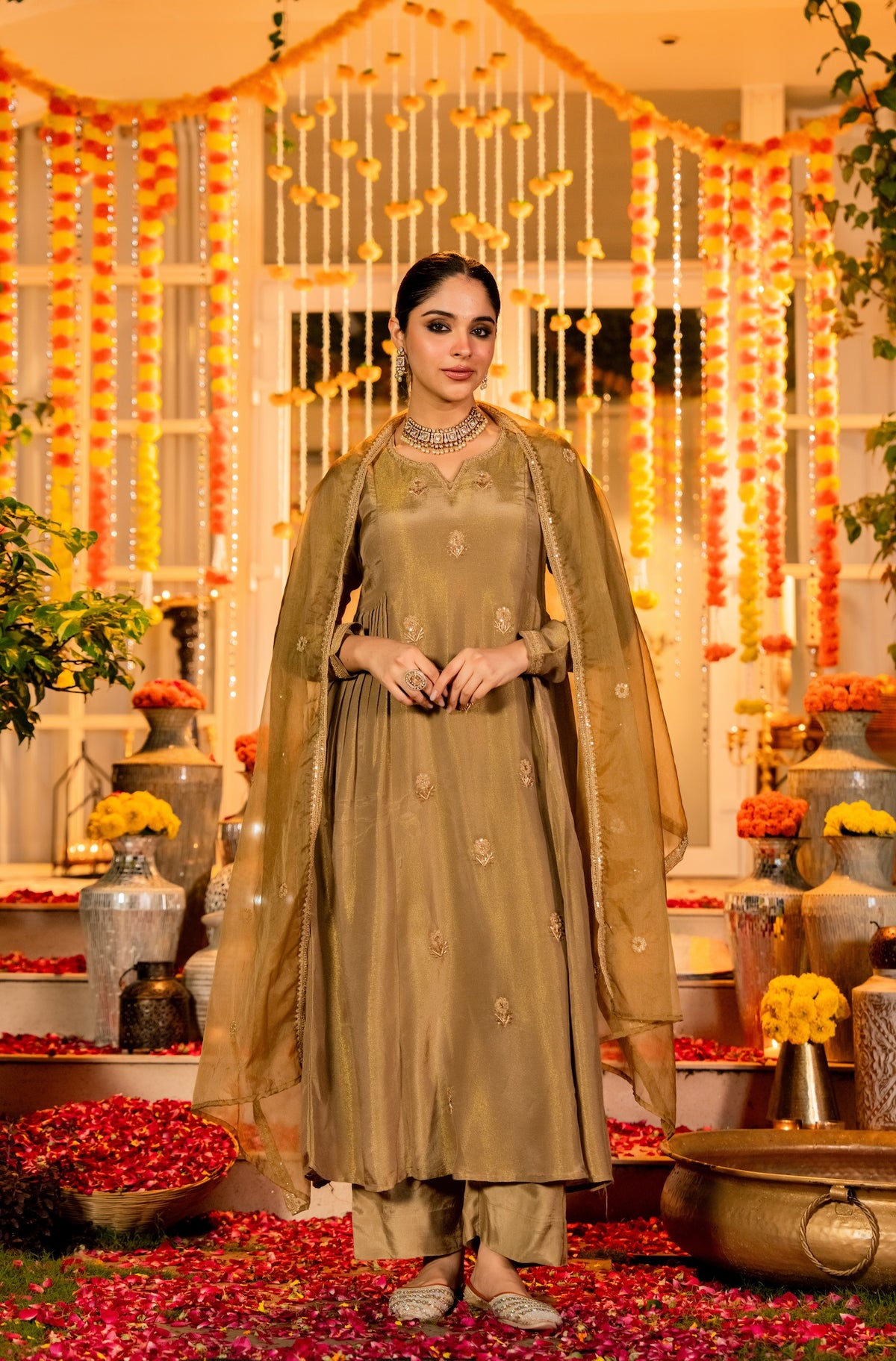 Gold Embroidered A-Line Kurta Suit Set for Women