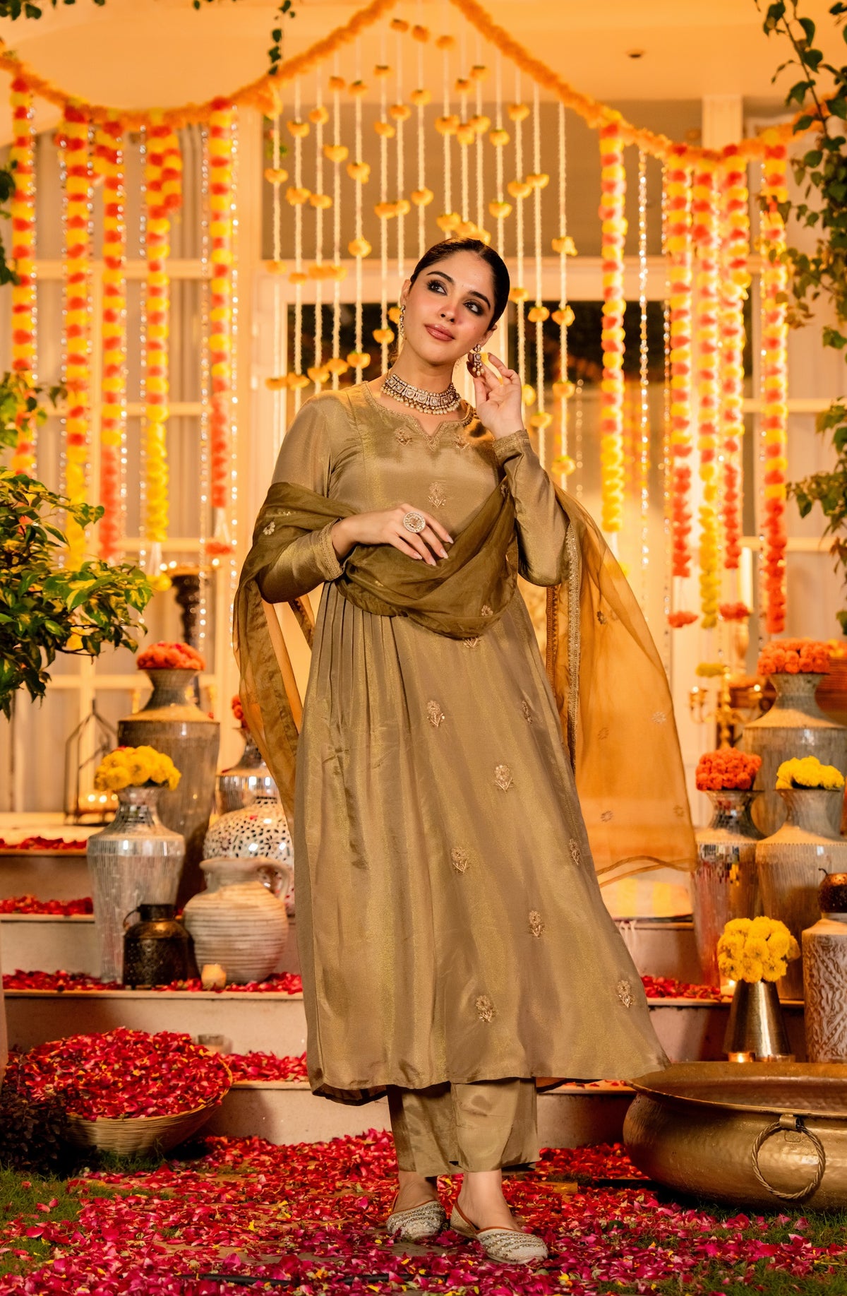 Gold Embroidered A-Line Kurta Suit Set for Women
