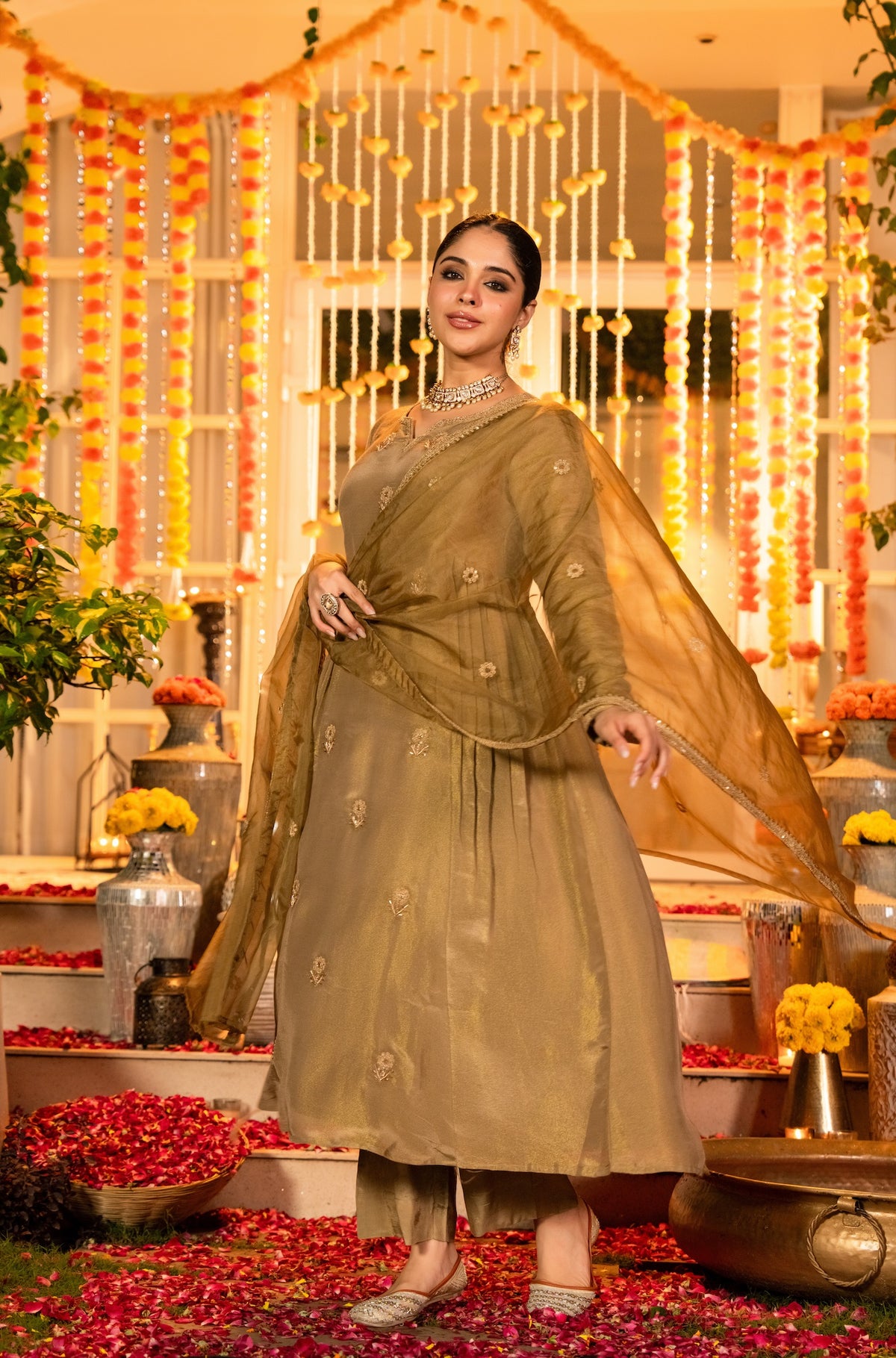 Gold Embroidered A-Line Kurta Suit Set for Women