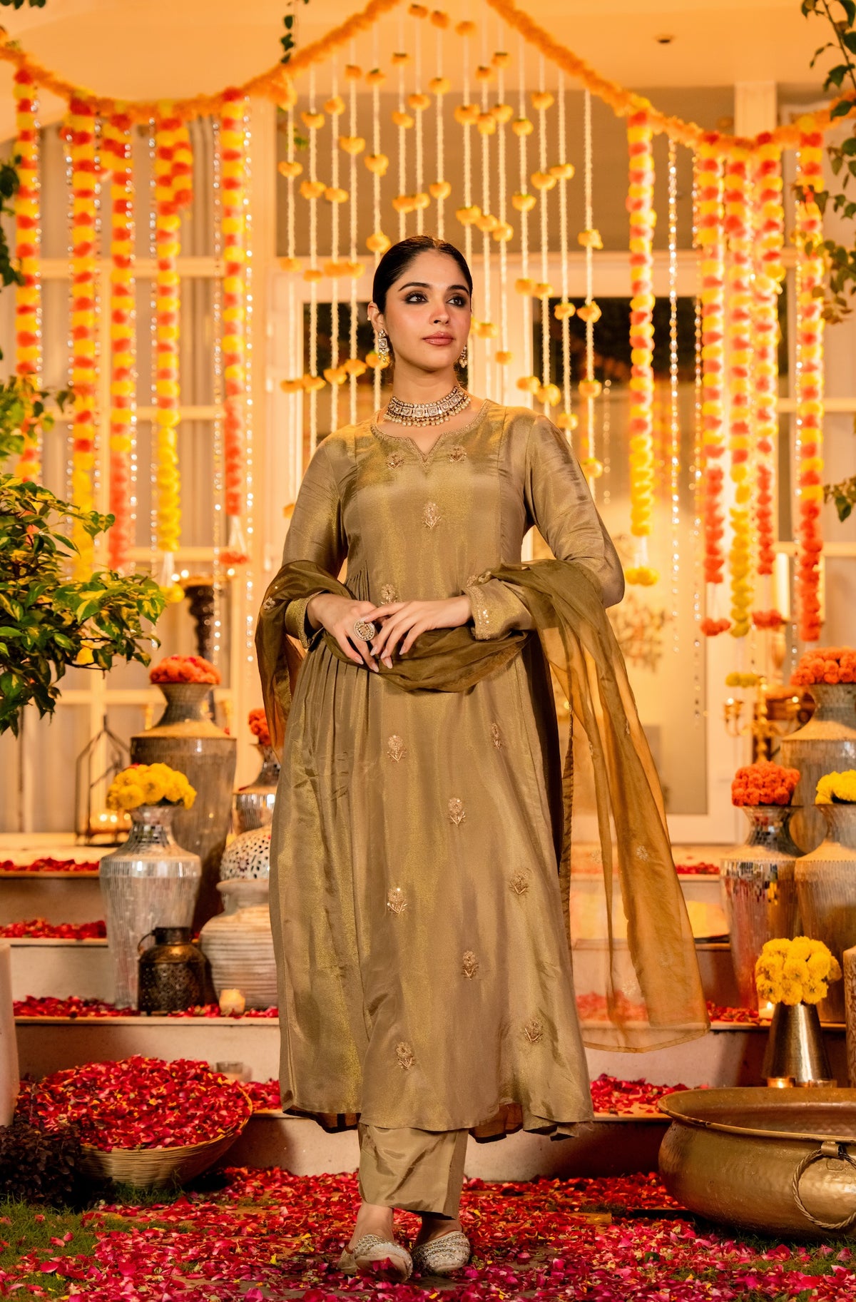 Gold Embroidered A-Line Kurta Suit Set for Women