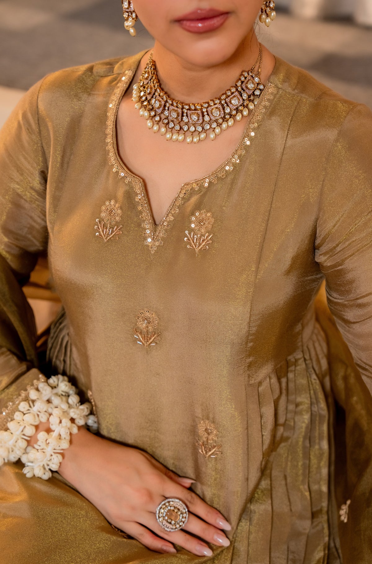 Gold Embroidered A-Line Kurta Suit Set for Women