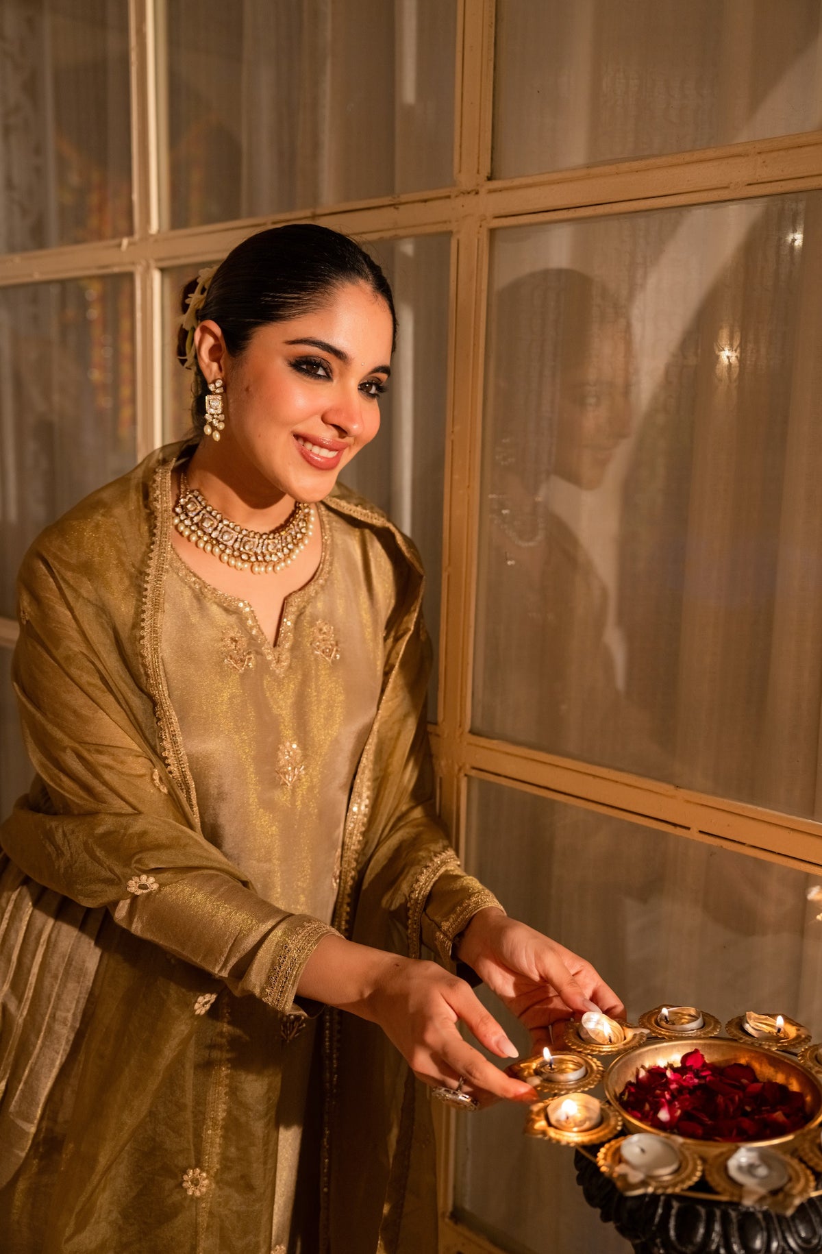 Gold Embroidered A-Line Kurta Suit Set for Women