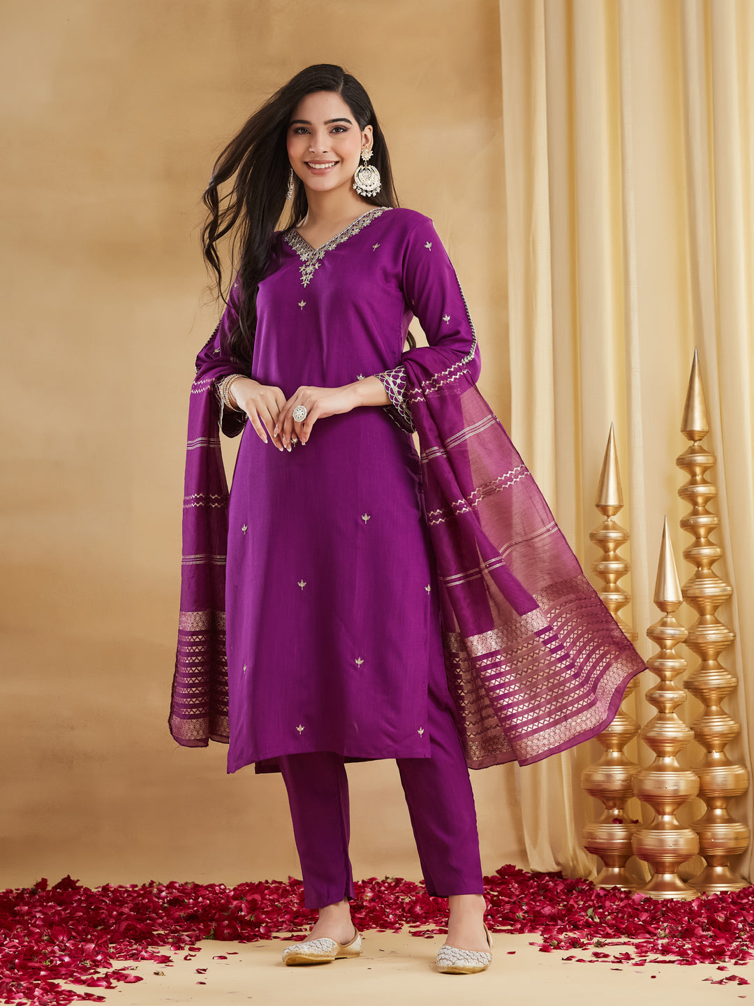 Women's Purple Ethnic Motif Embroidered Kurta Set with Trousers & Dupatta