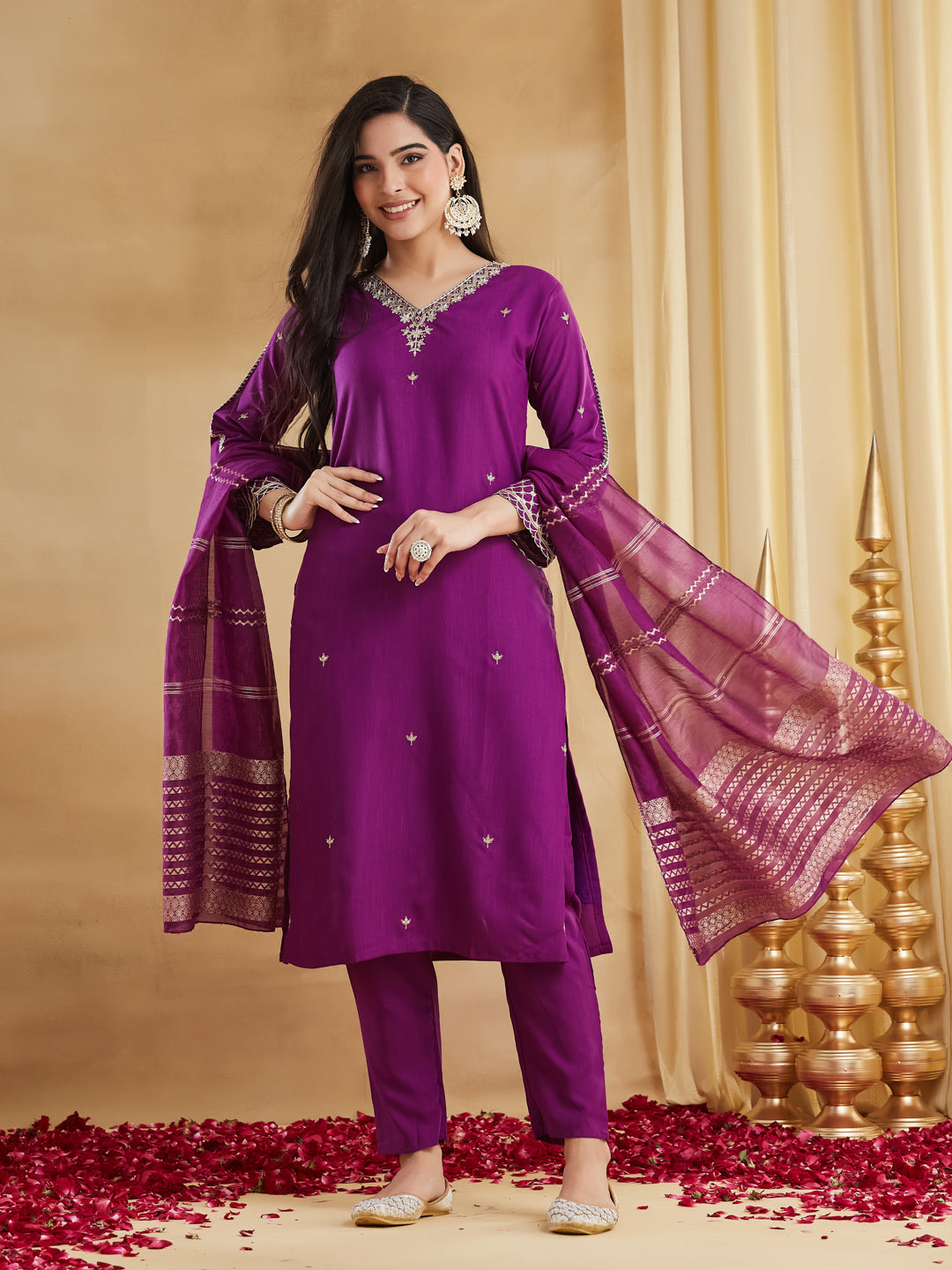 Women's Purple Ethnic Motif Embroidered Kurta Set with Trousers & Dupatta