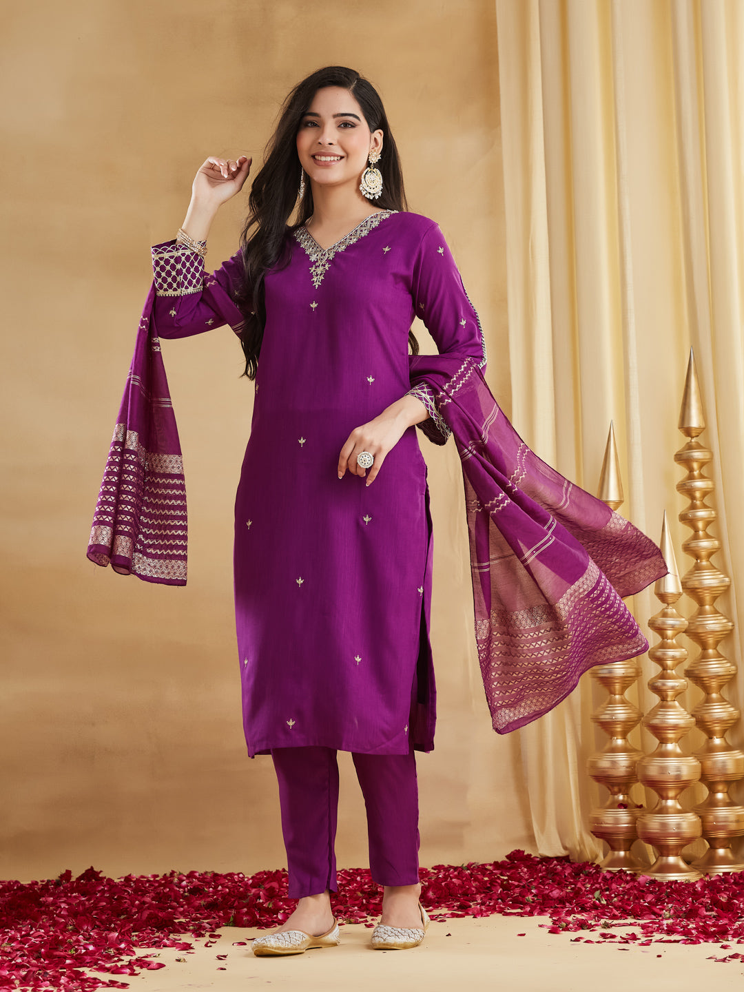 Women's Purple Ethnic Motif Embroidered Kurta Set with Trousers & Dupatta