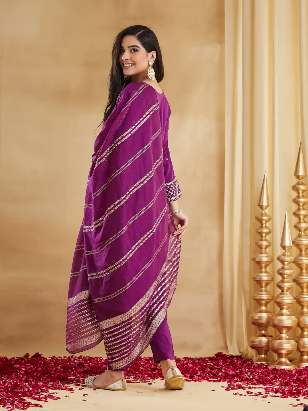 Women's Purple Ethnic Motif Embroidered Kurta Set with Trousers & Dupatta