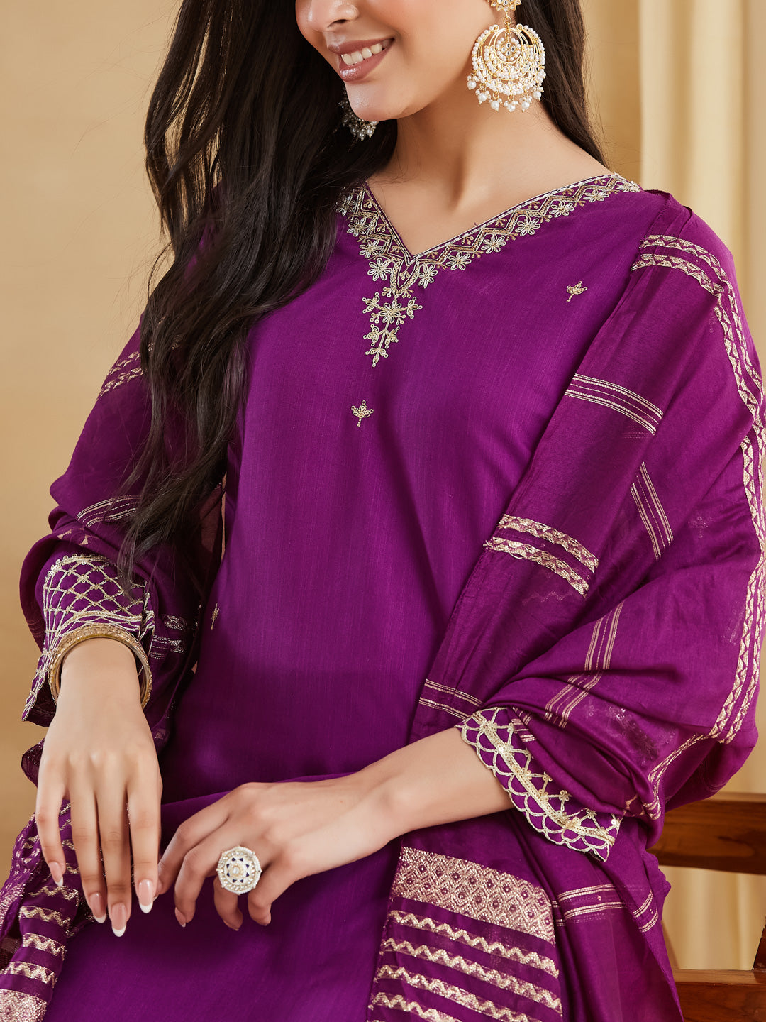 Women's Purple Ethnic Motif Embroidered Kurta Set with Trousers & Dupatta