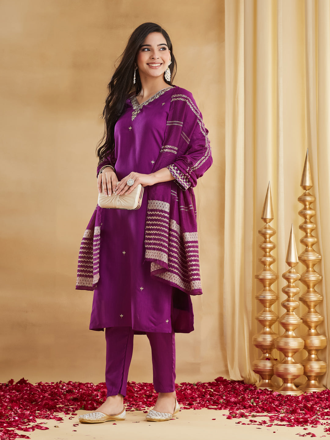Women's Purple Ethnic Motif Embroidered Kurta Set with Trousers & Dupatta