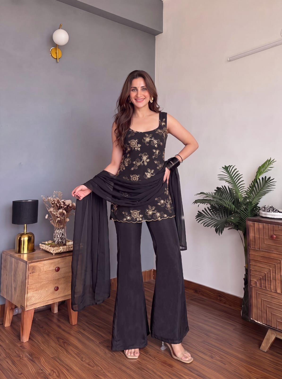 Black Embroidered Party Wear Palazzo Set with Dupatta For Women