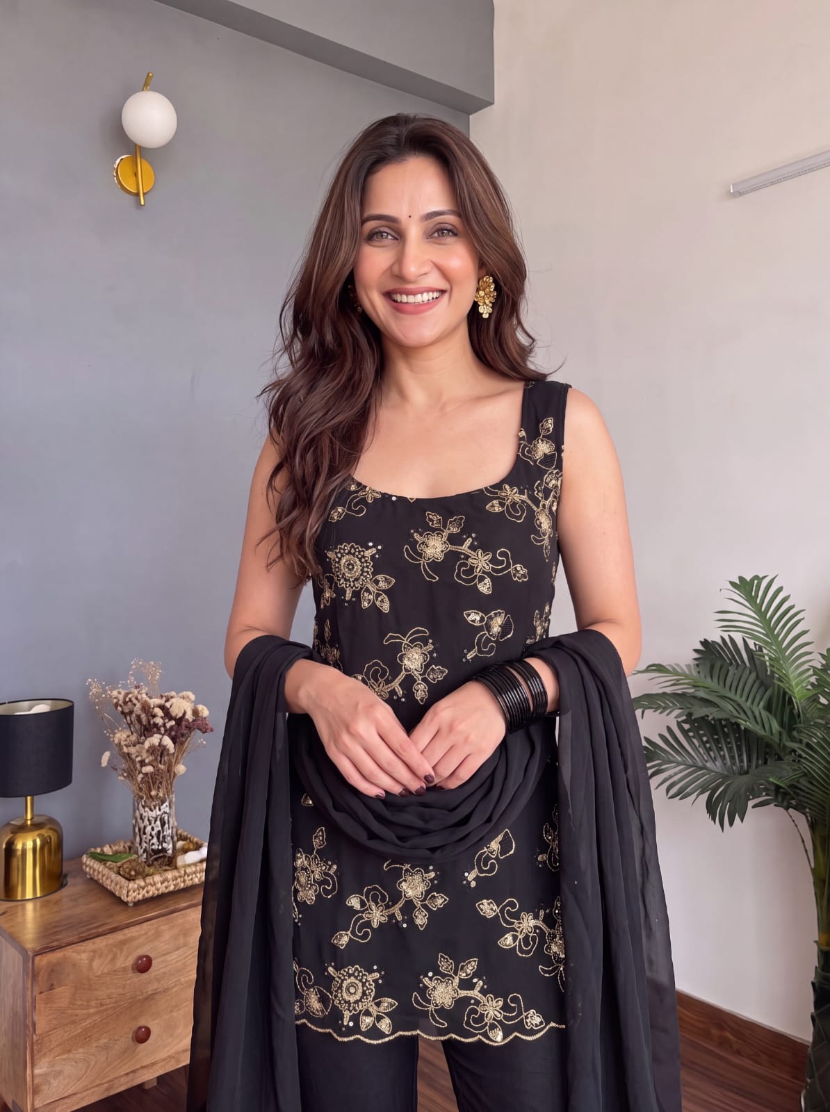 Black Embroidered Party Wear Palazzo Set with Dupatta For Women