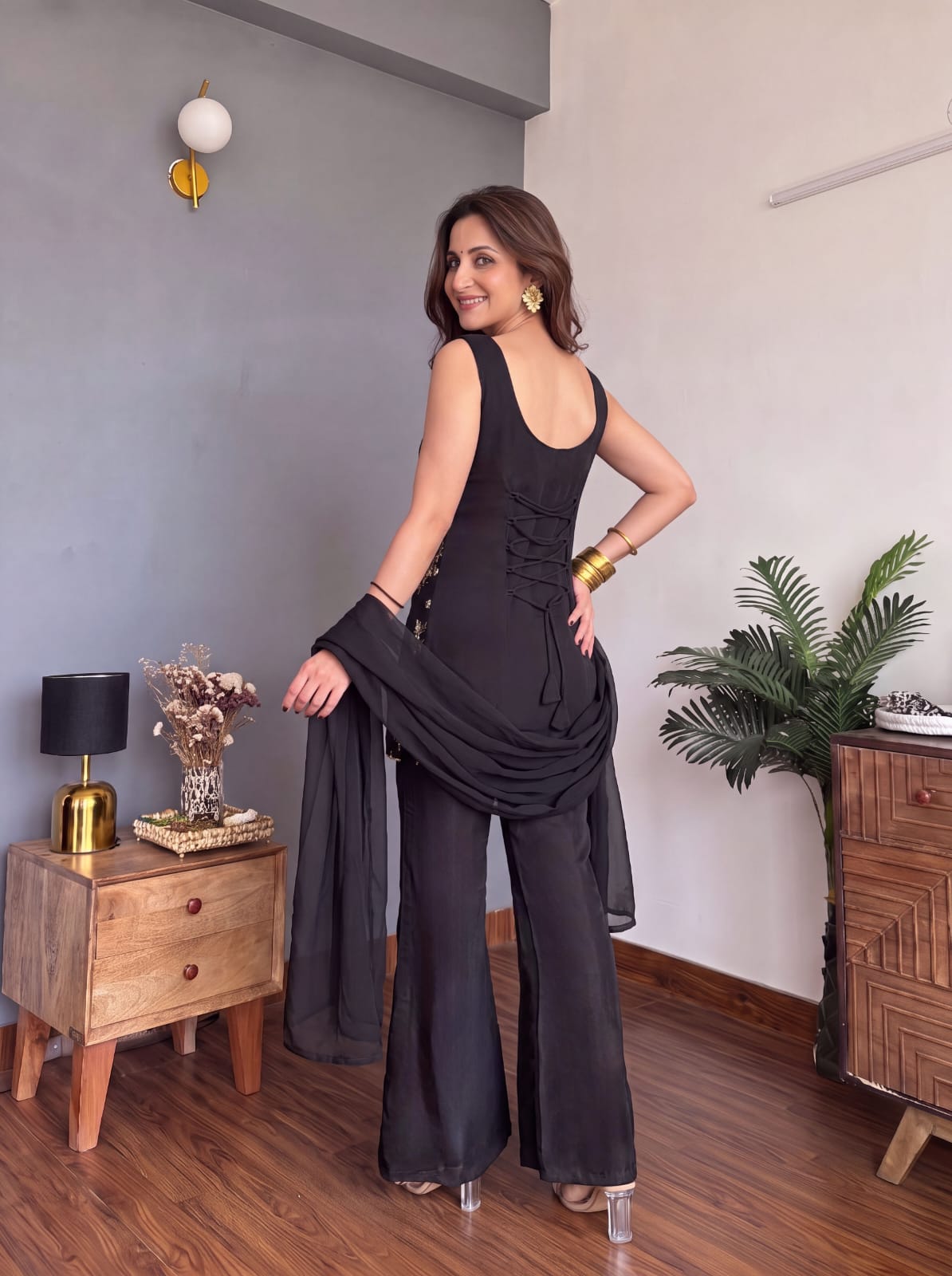 Black Embroidered Party Wear Palazzo Set with Dupatta For Women