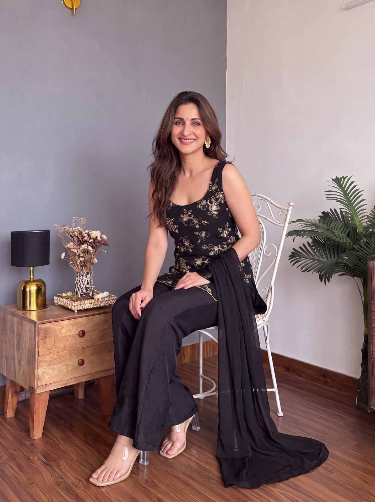 Black Embroidered Party Wear Palazzo Set with Dupatta For Women