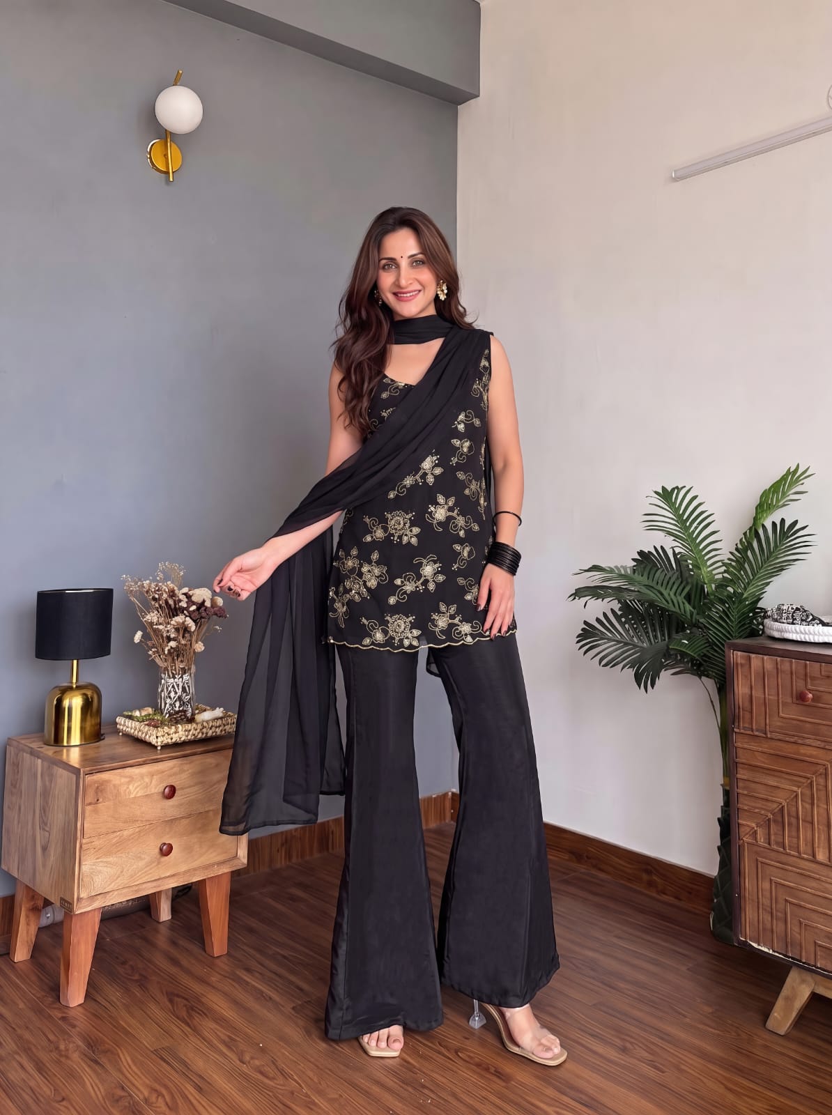 Black Embroidered Party Wear Palazzo Set with Dupatta For Women