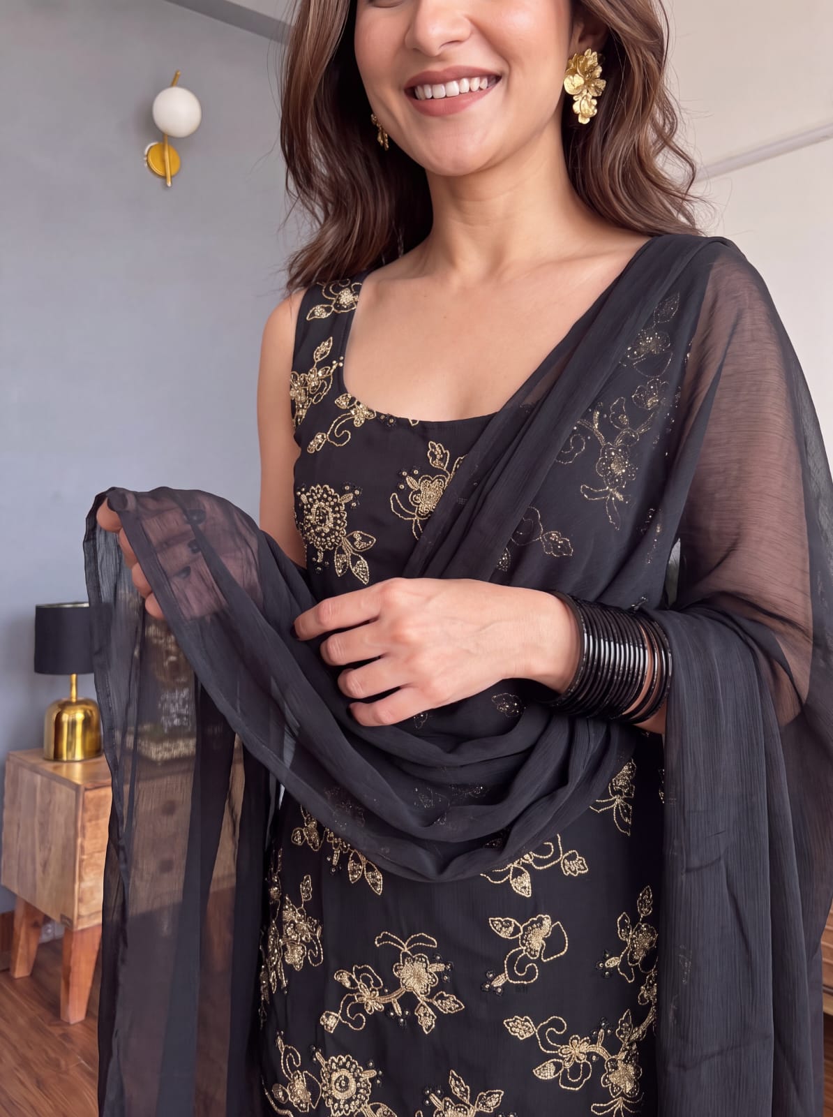 Black Embroidered Party Wear Palazzo Set with Dupatta For Women