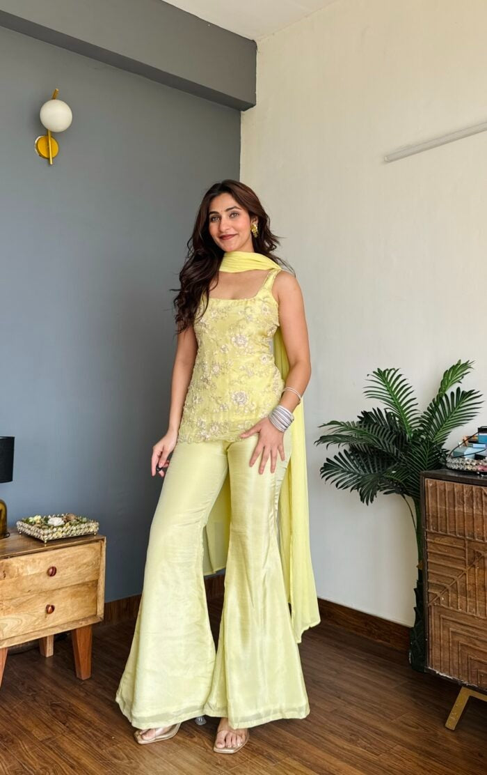 Pastel Yellow Embroidered Party Wear Palazzo Set with Dupatta For Women