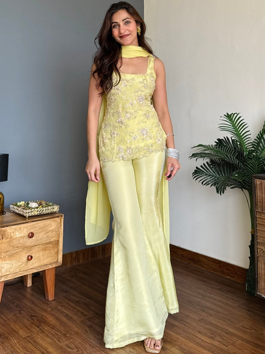 Pastel Yellow Embroidered Party Wear Palazzo Set with Dupatta For Women