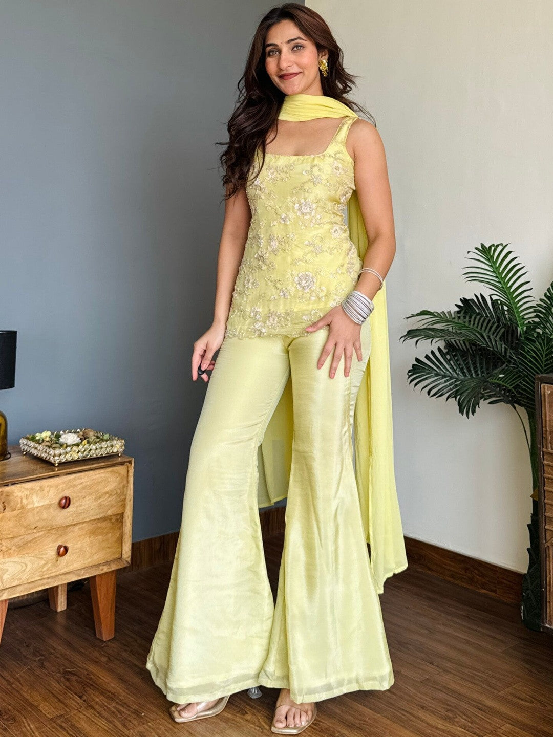 Pastel Yellow Embroidered Party Wear Palazzo Set with Dupatta For Women