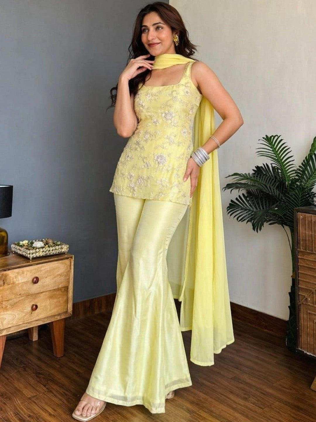 Pastel Yellow Embroidered Party Wear Palazzo Set with Dupatta For Women